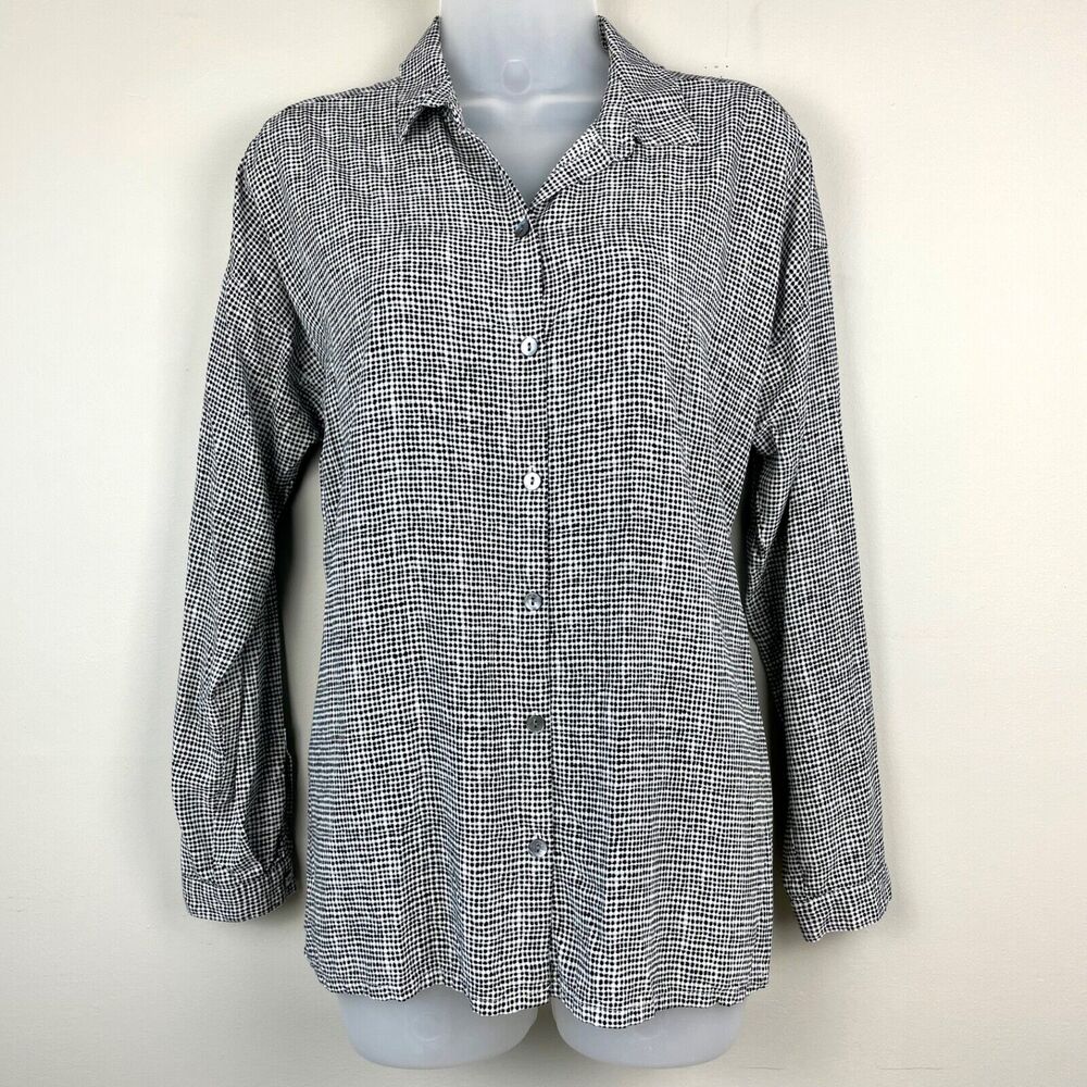 J.Jill black white dot Long Sleeve Button Down Shirt Blouse Tops size S